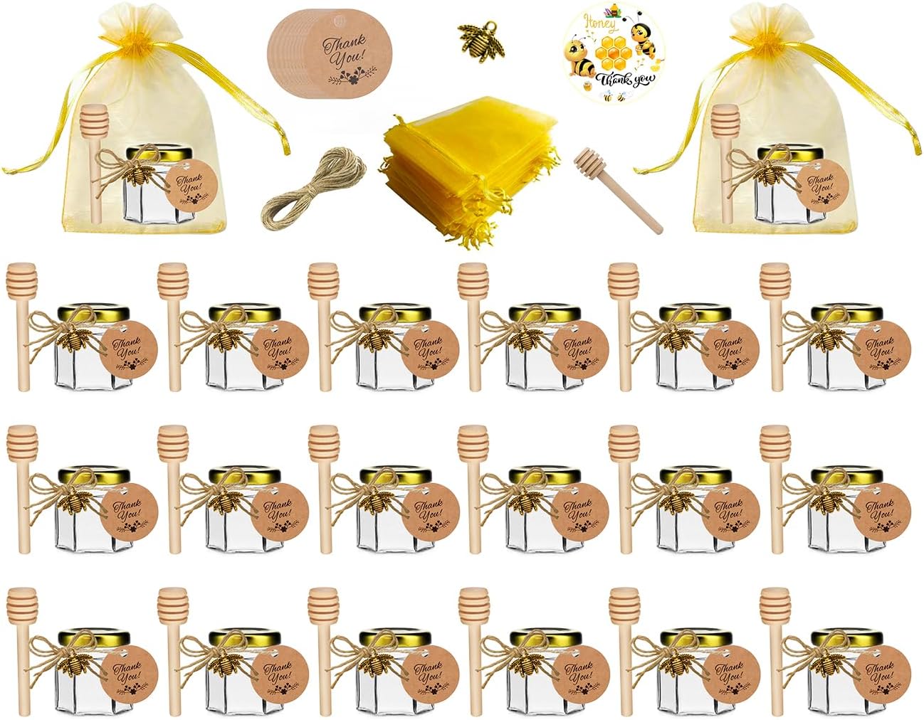 20 Pack 1.5 OZ hexagonal pot de miel en verre avec cuillère en bois, pendentif abeille, sac cadeau en or, carte de remerciement, Jutes - parfait pour les cadeaux de bébé, mariages et fêtes
