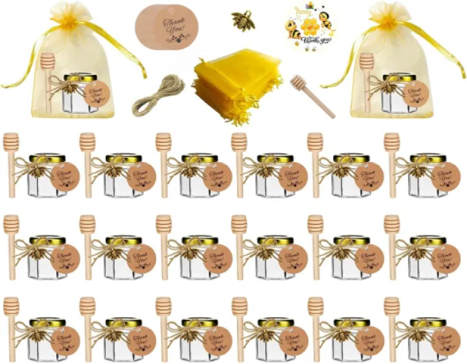20 Pack 1.5 OZ hexagonal pot de miel en verre avec cuillère en bois, pendentif abeille, sac cadeau en or, carte de remerciement, Jutes - parfait pour les cadeaux de bébé, mariages et fêtes