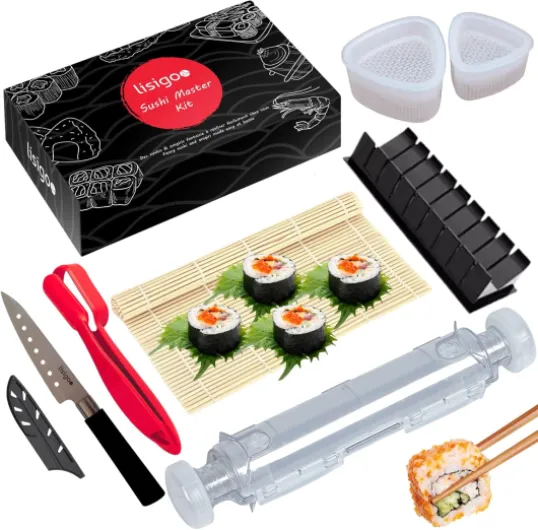 Kit sushi complet - Sushi maker - Appareil pour fabrication sushi - Coffret avec natte en bambou, couteau japonais, moule onigiri, moule sushi, moule maki - Idée cadeau homme femme