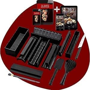 Kit Sushi Maki divers Formes de moules avec Guide vidéo et 50 Recettes+15 en cadeaux - 12 Pièces avec Couteau japonais et Baguettes Appareil pour fabrication de sushis sans BPA Idée cadeau