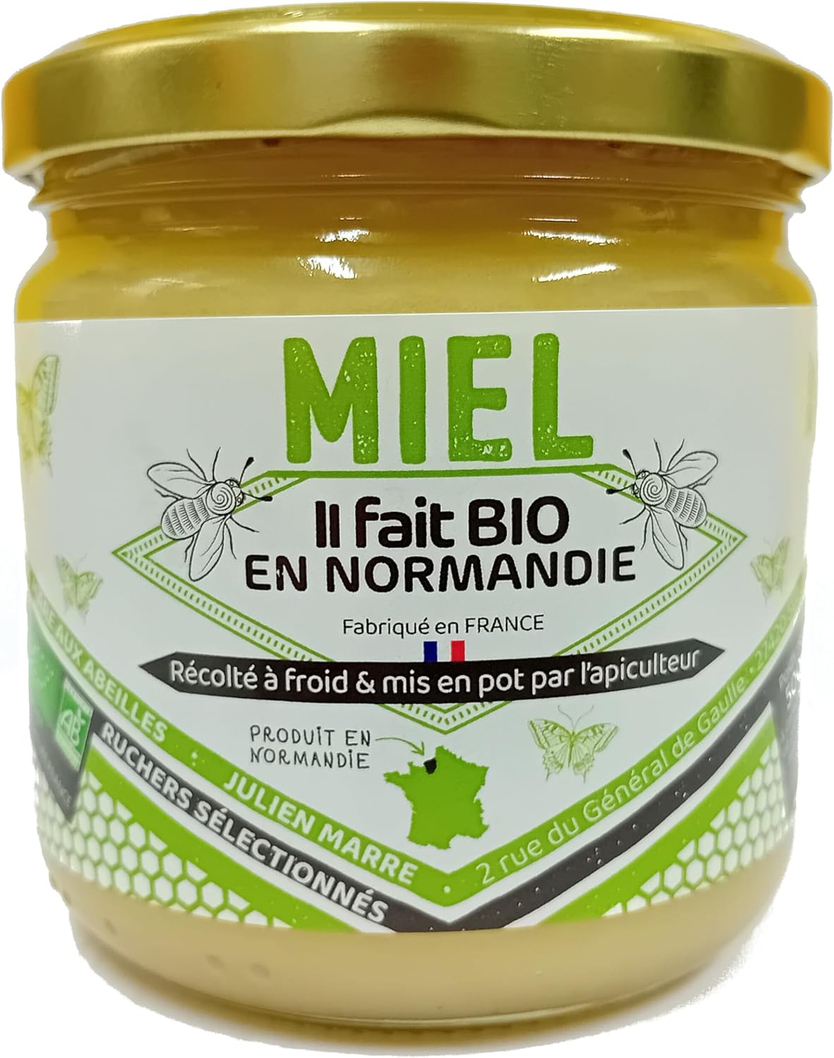 Miel Bio de Normandie (500g), Délicieusement crémeux et récolté à froid - origine France - certifié BIOLOGIQUE - Naturel - Non chauffé - Non Pasteurisé - La Mare aux Abeilles.