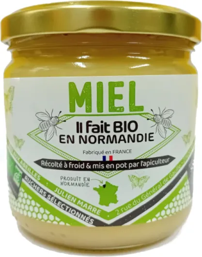 Miel Bio de Normandie (500g), Délicieusement crémeux et récolté à froid - origine France - certifié BIOLOGIQUE - Naturel - Non chauffé - Non Pasteurisé - La Mare aux Abeilles.