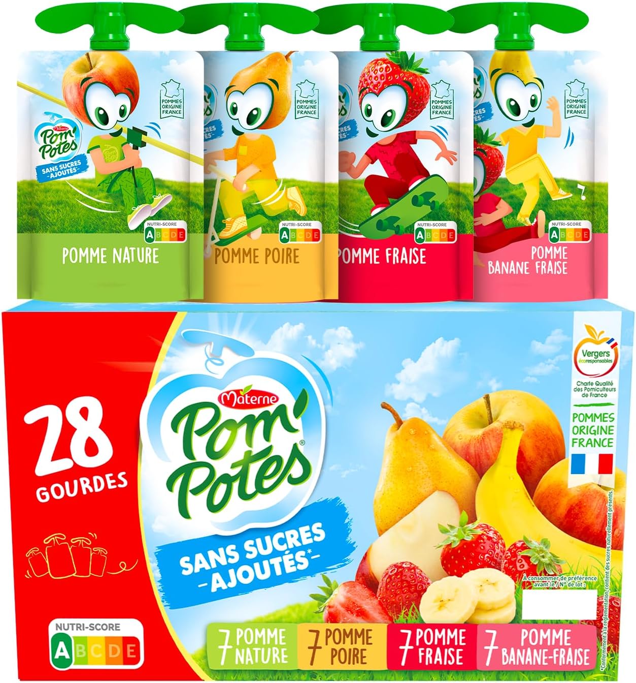 POM'POTES® - Compote Gourde Sans Sucres Ajoutés* - Pomme Nature - Pomme Poire - Pomme Banane - Pomme Banane Fraise - Pommes Françaises - Source De Fibres - Nutri-Score A - 3 Ans Et Plus - 28 x 90g