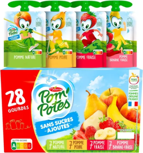 POM'POTES® - Compote Gourde Sans Sucres Ajoutés* - Pomme Nature - Pomme Poire - Pomme Banane - Pomme Banane Fraise - Pommes Françaises - Source De Fibres - Nutri-Score A - 3 Ans Et Plus - 28 x 90g