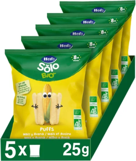 Hero Solo - Snack de Maïs et Avoine, 100% ECO, Sans Sucre et Ajouté, Sans Gluten et Additifs, Origine Naturalle, Produit Écologique, Convient aux Bébés à partir de 8 Mois - Pack de 5x25gr