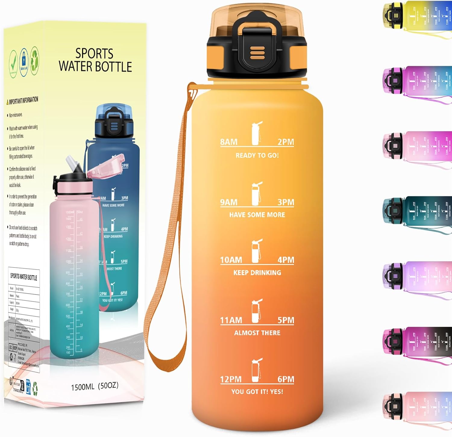 Gourde, 1500ML Avec de la Paille, Gourdes Sport, Sans BPA, Gourde Paille, Bouteille d'eau de Motivation avec Marqueur de Temps, Bouteille Paille Adulte pour Salle de Sport, Camping - Jaune&Orange 1500 ml Jaune&orange-1500ml
