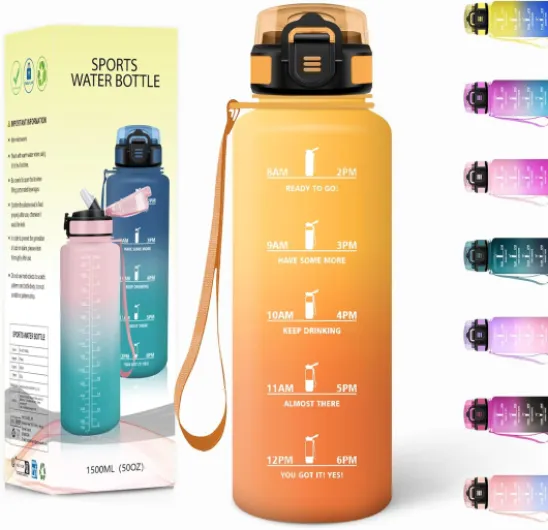 Gourde, 1500ML Avec de la Paille, Gourdes Sport, Sans BPA, Gourde Paille, Bouteille d'eau de Motivation avec Marqueur de Temps, Bouteille Paille Adulte pour Salle de Sport, Camping - Jaune&Orange 1500 ml Jaune&orange-1500ml