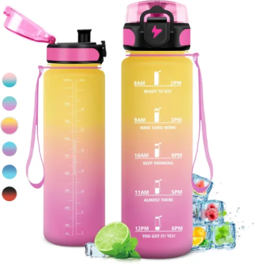 Gourde 1L, Gourde Sport, Étanche et Réutilisable, Bouteille d'eau 1 Litre avec Marqueur de Temps et Filtre, Bouteille pour Adulte, l'école, Cyclisme, Voyage, Camping, Fitness, Yoga, Bureau, Gym 32oz-1000ml - Jaune + Rose 1000 ml