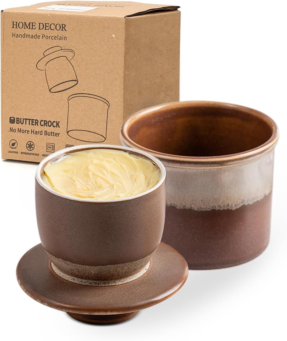 HOME DECOR Beurrier Ceramique - Conserve Le Beurre Frais et Tartinable Sans Réfrigération - Café au lait