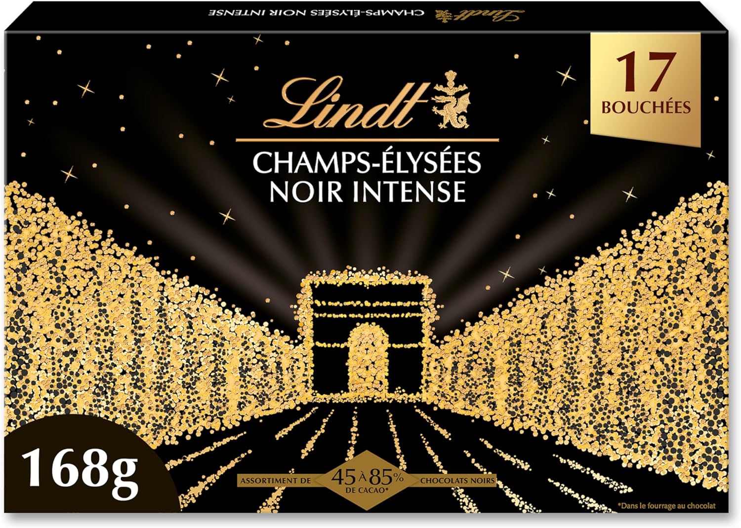 Boîte CHAMPS-ÉLYSÉES Noir Intense - Assortiment de Chocolats Noirs de 45% à 85% de taux de cacao – Intenses, Croustillants et Onctueux - Idéal pour Noël, 168g Noir Intense (Petit) 168g