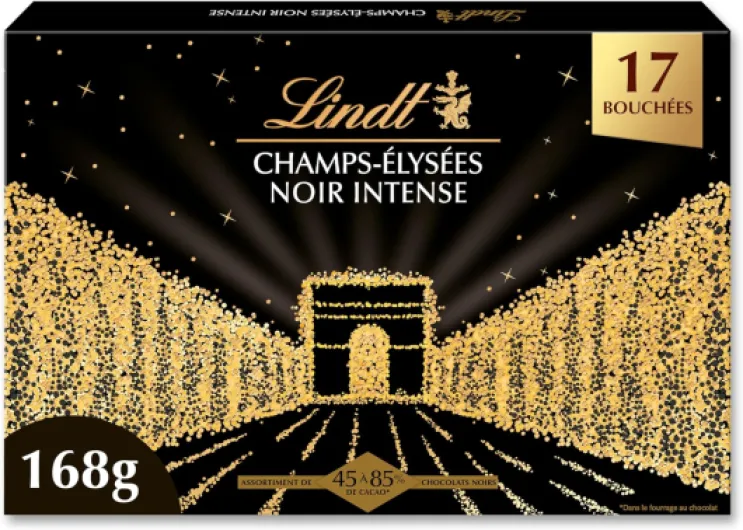 Boîte CHAMPS-ÉLYSÉES Noir Intense - Assortiment de Chocolats Noirs de 45% à 85% de taux de cacao – Intenses, Croustillants et Onctueux - Idéal pour Noël, 168g Noir Intense (Petit) 168g