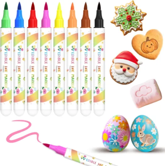 Stylo Colorant Alimentaire, 8 Marqueurs Comestibles avec Pointe de Pinceau Souple pour Traits Épais et Fins, Stylo Alimentaire, Feutre Alimentaire pour Gâteaux, œufs de Pâques, Fondant, Food