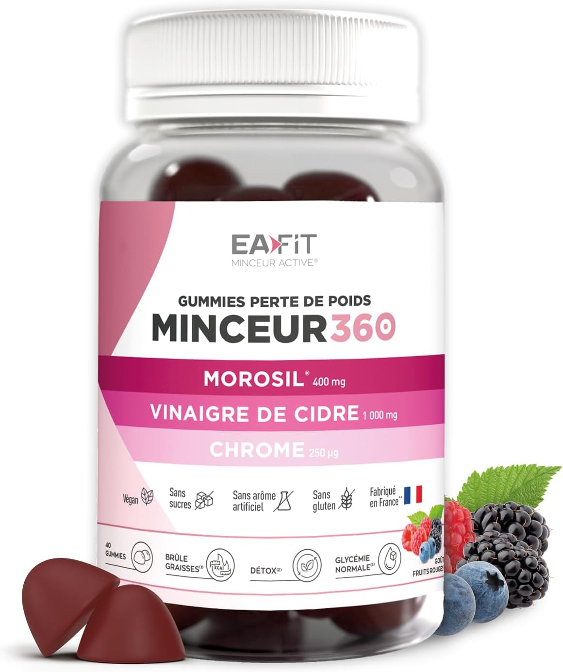 Minceur 360 Morosil et Vinaigre de Cidre - Gummies Morosil Perte de Poids - Chrome - Gummies Perte de Poids - Brule Graisse - 40 gummies - Fruits Rouges - Sans Sucre - Fabriqué en France