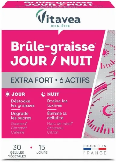 Vitavea - Complément alimentaire Minceur Brûle-graisse EXTRA FORT - Brule graisse : Guarana Chrome - Detox Draineur : Marc de raisin / Artichaut Citron - 30 gélules végétales - Fabriqué en France brûle graisse jour/nuit