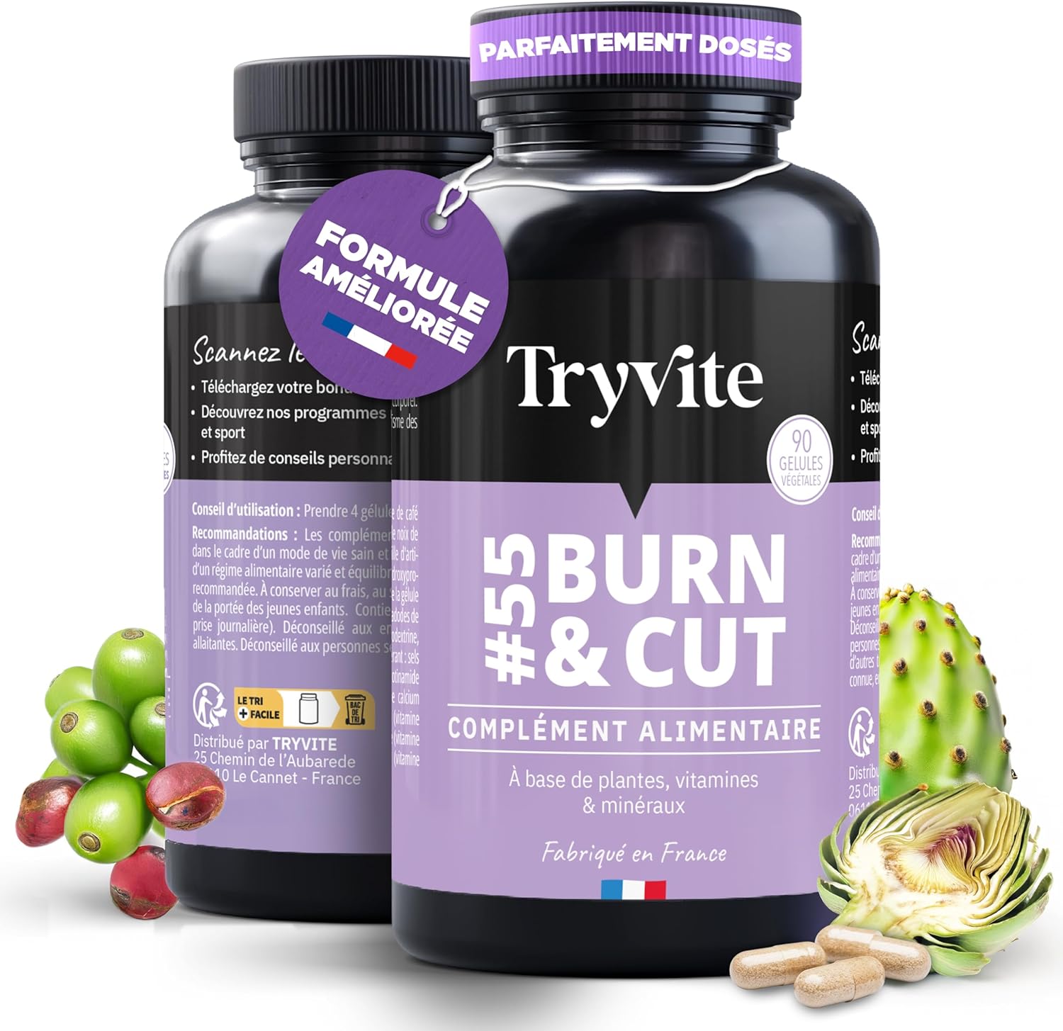 Bruleur de Graisse Puissant Homme Femme - Brule Graisse Puissant Perte de Poids Rapide et Efficace - TRYVITE BURN&CUT Formule Minceur Améliorée 2025 - 90 gélules Avec Café Vert et Artichaut 90 unité (Lot de 1)