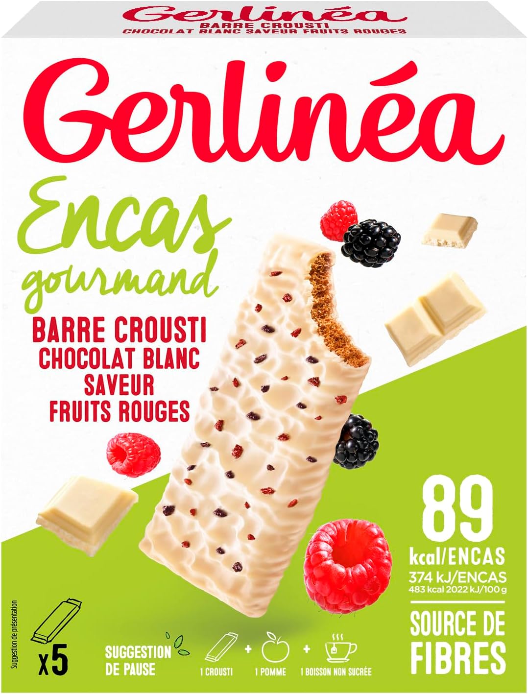 Encas Crousti Chocolat Blanc Fruits Rouges - Gaufrette Croustillante pour un Encas Gourmand - Source de Fibres - 5 barres Crousti - 90g
