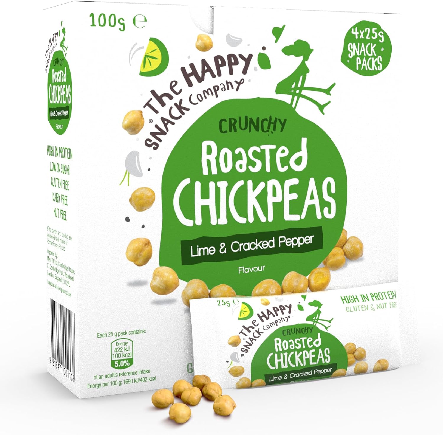 The Happy Snack Company Pois chiches rôtis, citron vert et poivre craquelé, haute teneur en protéines, collations sans gluten, végétalien, 100 calories, portion de 25 g, lot de 20