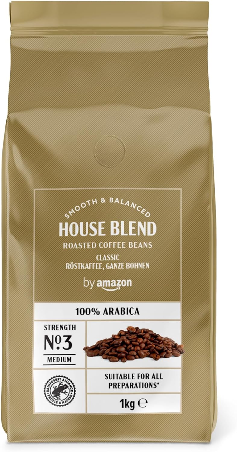 House Blend Grains de café , torréfaction moyennement poussée, 100% Arabica, 1 kg, lot de 1, Certifiés Rainforest Alliance 100% Arabica 1 kg (Lot de 1)