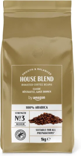 House Blend Grains de café , torréfaction moyennement poussée, 100% Arabica, 1 kg, lot de 1, Certifiés Rainforest Alliance 100% Arabica 1 kg (Lot de 1)