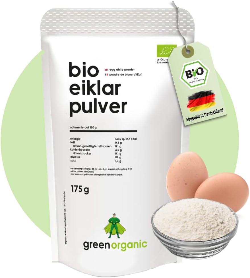 Poudre de blanc d'oeuf bio pure à base d'œuf bio pour la cuisson, la pâtisserie et les milk-shakes, pasteurisées, séchées par pulvérisation, 175 g GreenOrganic blanc d'oeuf 175 g