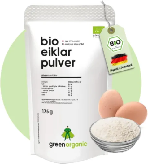 Poudre de blanc d'oeuf bio pure à base d'œuf bio pour la cuisson, la pâtisserie et les milk-shakes, pasteurisées, séchées par pulvérisation, 175 g GreenOrganic blanc d'oeuf 175 g