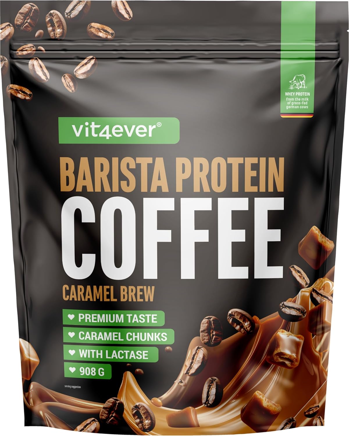 Barista Protein Coffee - Café protéiné crémeux avec jusqu'à 20 g de protéines par portion - Avec du vrai café, de la caféine, des morceaux de caramel, peu de sucre & de graisse - (908g, Caramel Brew)