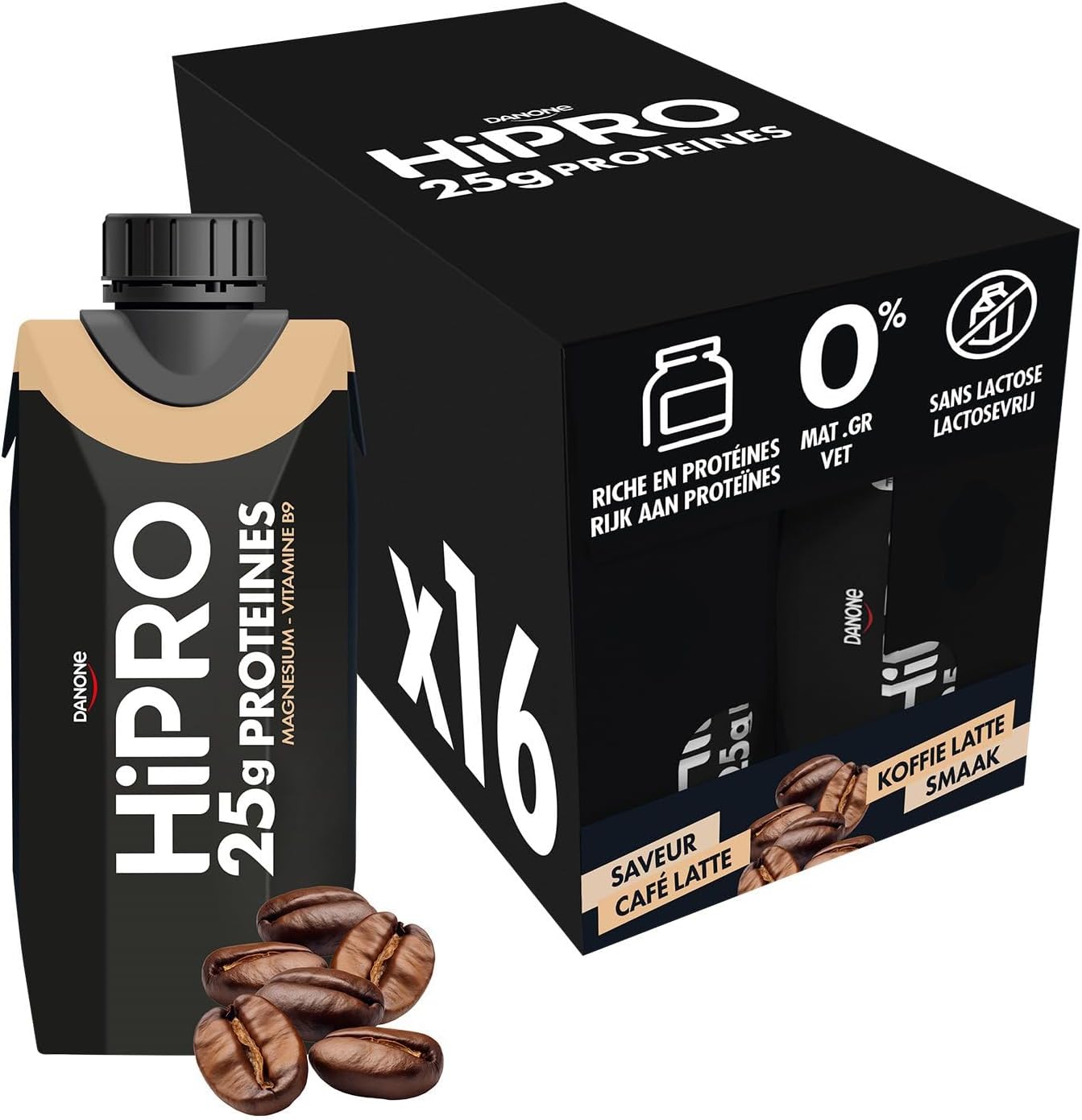 Danone HiPRO Boisson Protéinée - Café - 16 x 330ml - Riche en Protéines, Sans Sucres Ajoutés, Sans Lactose