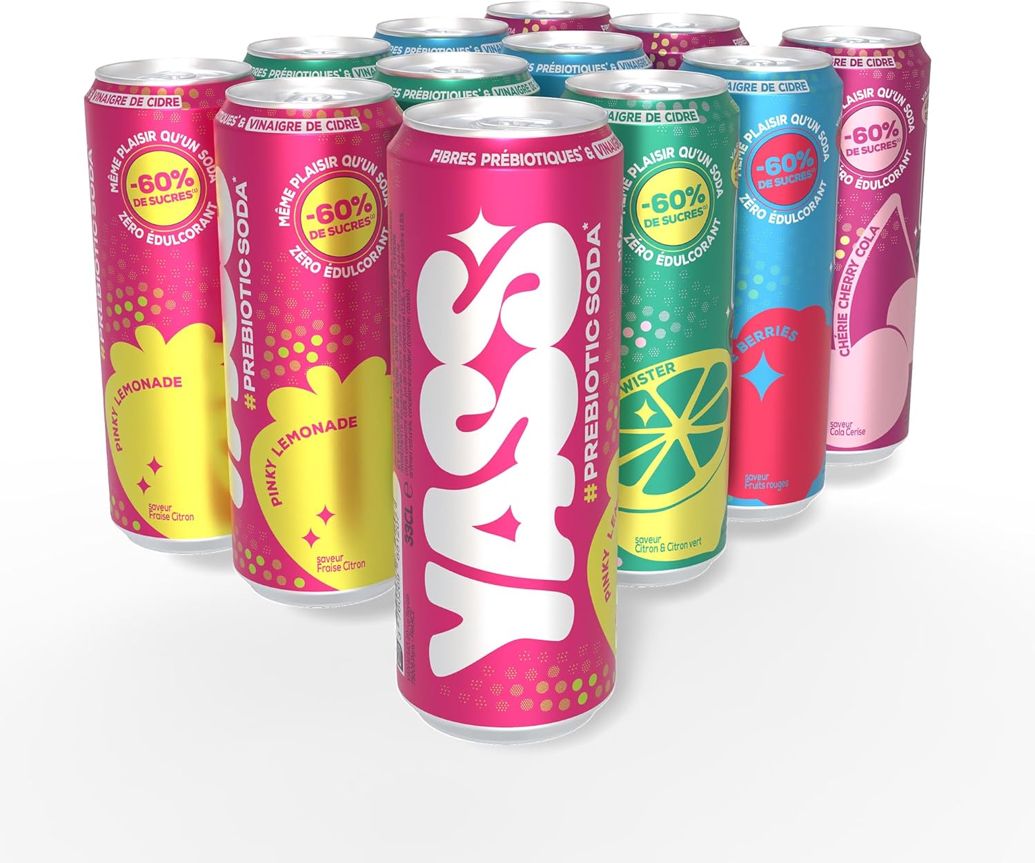 Soda Prébiotique-Pack découverte (RED'N BLUE BERRIES -CITRUS TWISTER- CHERRY COLA -PINKY LEMONADE)- Le Soda Sain & Stylé qui Prend Soin de Ton Ventre -12 canettes de 33cl