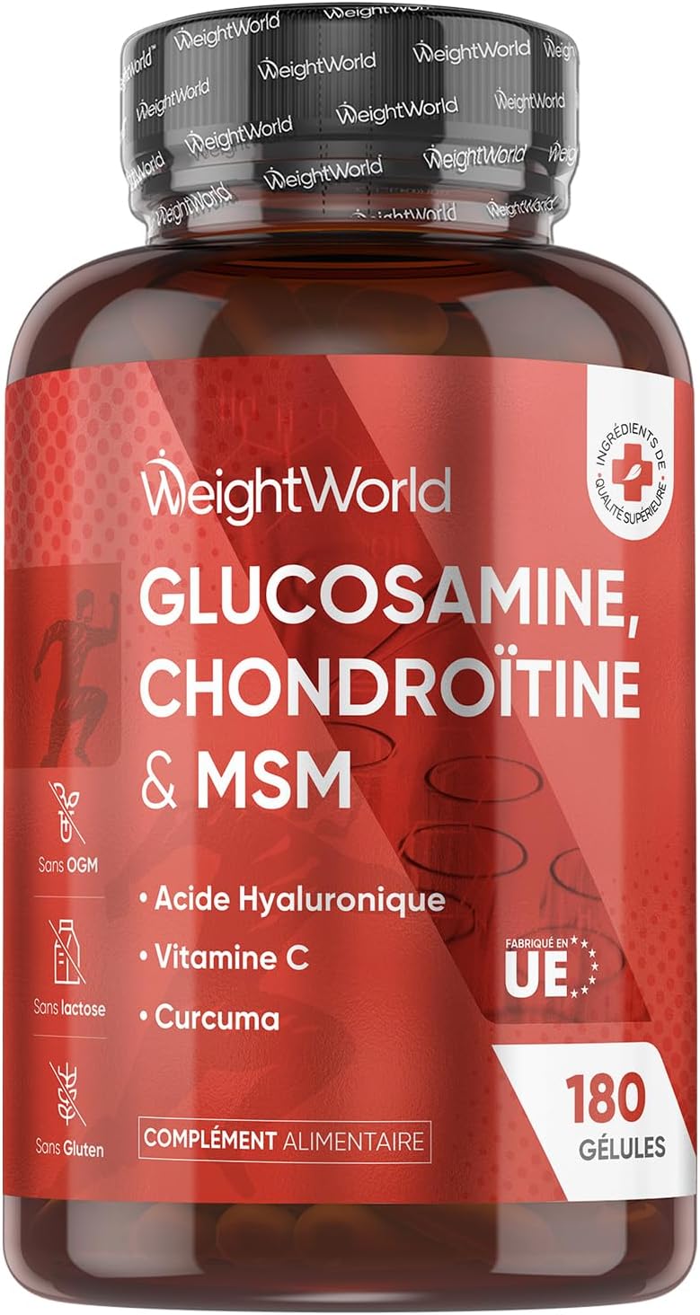 Glucosamine Chondroïtine MSM Vitamine C 180 Gélules, Enrichi en Curcuma, Acide Hyaluronique & Vit C Acide L Ascorbique sans OGM, sans Gluten & Lactose, Complexe Glucosamine Chondroïtine