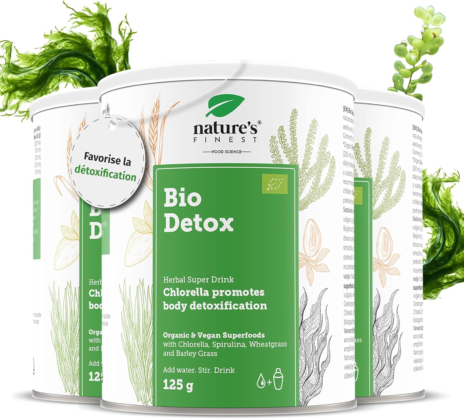 Nature's Finest BIO Detox - Détox Colon avec Chlorelle et Spiruline Bio - Boisson Détox Minceur Riche en Protéines - 375 g pour 75 Jours