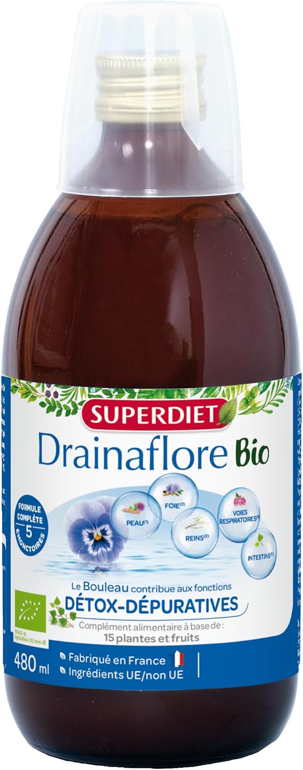 DRAINAFLORE BOISSON BIO-Drainage & Détox-Programme complet de détoxification des 5 émonctoires-Made in France-Flacon de 480ml