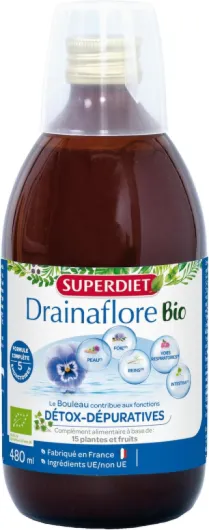 DRAINAFLORE BOISSON BIO-Drainage & Détox-Programme complet de détoxification des 5 émonctoires-Made in France-Flacon de 480ml
