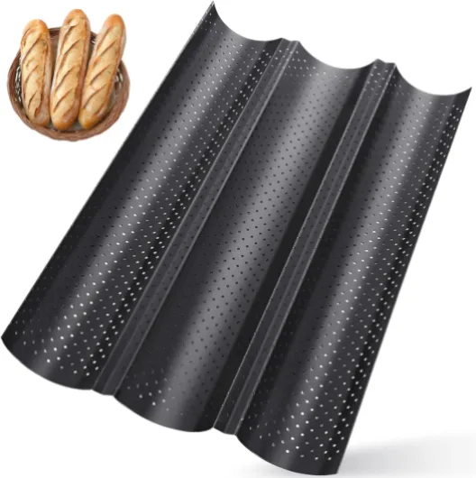 3 Moules Baguette Four avec Revêtement Antiadhésif, Moule Baguettes Pain Perforé Acier Carbone, Moulle Plaque Cuisson 38 x 24,5 cm, Accessoire Cuisine pour Biscuits Pâtisserie (Noir)