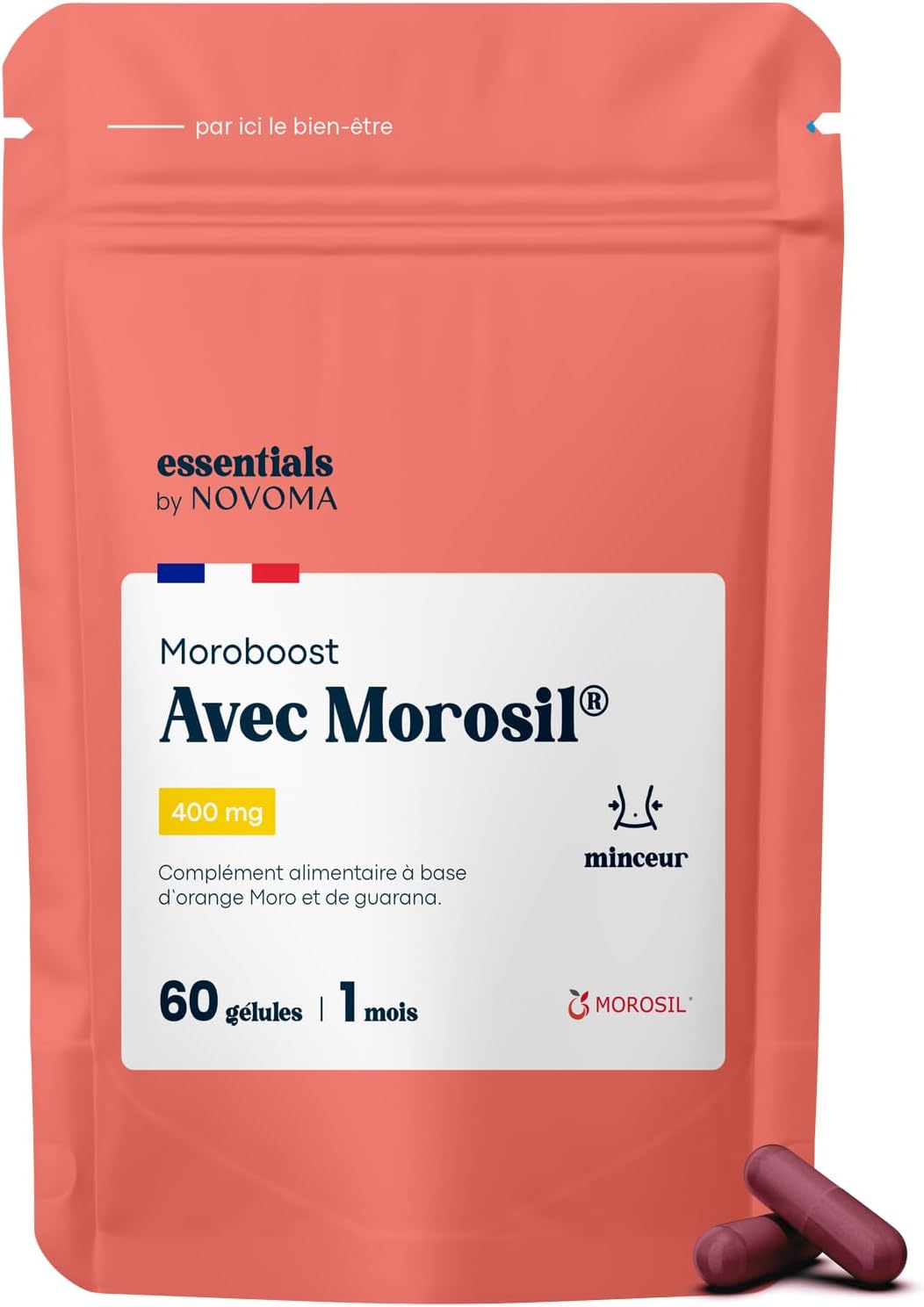 Morosil® 400 mg avec Guarana, Bruleur de Graisse Puissant et Coupe Faim, 60 Gélules Végétales, Cure de 1 Mois, Complément Alimentaire Minceur, Fabriqué en France, Essentials by Novoma