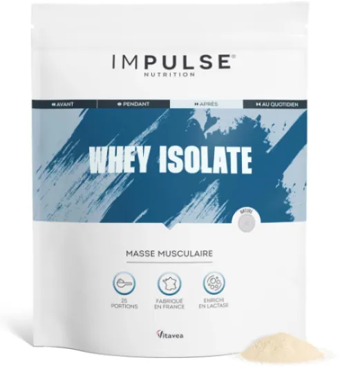 Whey Isolate Neutre - Protéines et BCAA - 25g Protéines-Portion - Digestion Facilitée - Faible en Sucres - Boisson Récupération - Sport et Performance - 750g - Fabriqué en France - IMPULSE Sans saveur