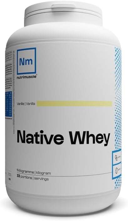 Whey Native 1kg Vanille - Protéine Whey jusqu'à 80% de protéines par dose - 28,6 g de Protéines par does - Lait français - Musculation et Fitness - Prise de Muscle Vanille 1 Kg (Lot de 1)