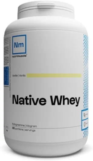 Whey Native 1kg Vanille - Protéine Whey jusqu'à 80% de protéines par dose - 28,6 g de Protéines par does - Lait français - Musculation et Fitness - Prise de Muscle Vanille 1 Kg (Lot de 1)