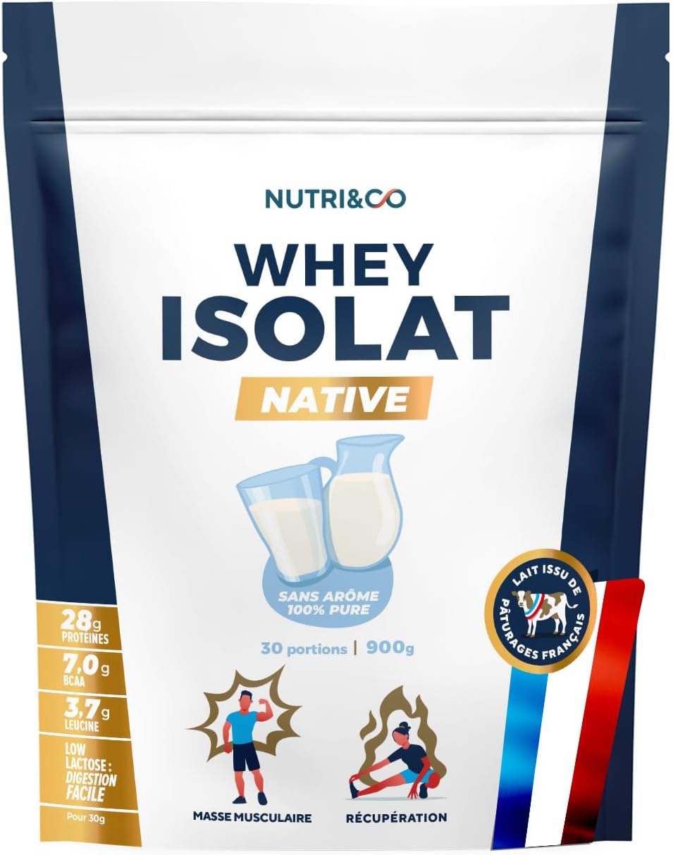 NUTRI & CO Whey Isolate Native - Jusqu’à 94% de Protéines - Pur Lait Français Low Lactose Digestion Facile - Riche en BCAA - Prise de Masse & Musculation - 900gr 30 portions goût Neutre