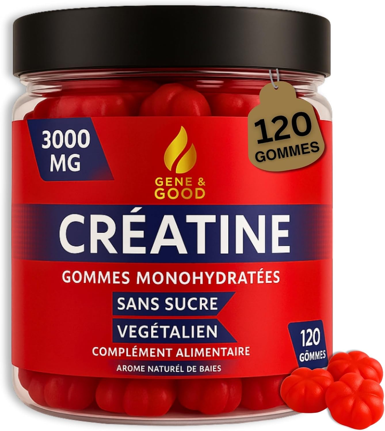 Gene & Good® Créatine Monohydrate 3000mg-120 Végétalien Creatine Gummies, Halal - Arôme Naturel De Baies, Prise Masse Musculaire & Force - Complément Idéal à Whey Protein, Sans Sucre Rouge