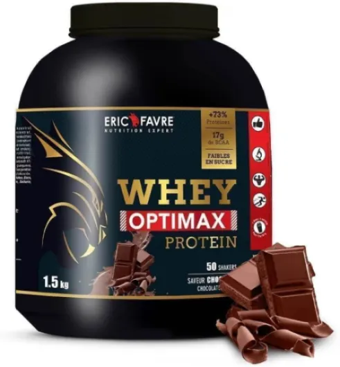 WHEY OPTIMAX PROTEIN +74% Protéines Bi-sources: WPC + Protéine Brevetée, 17g BCAA, 11g Glutamine, Peu Sucrée et Onctueuse｜Idéal pour la Prise de Masse Musculaire｜Chocolat 1,5kg - Eric Favre 1,5 kg Chocolat