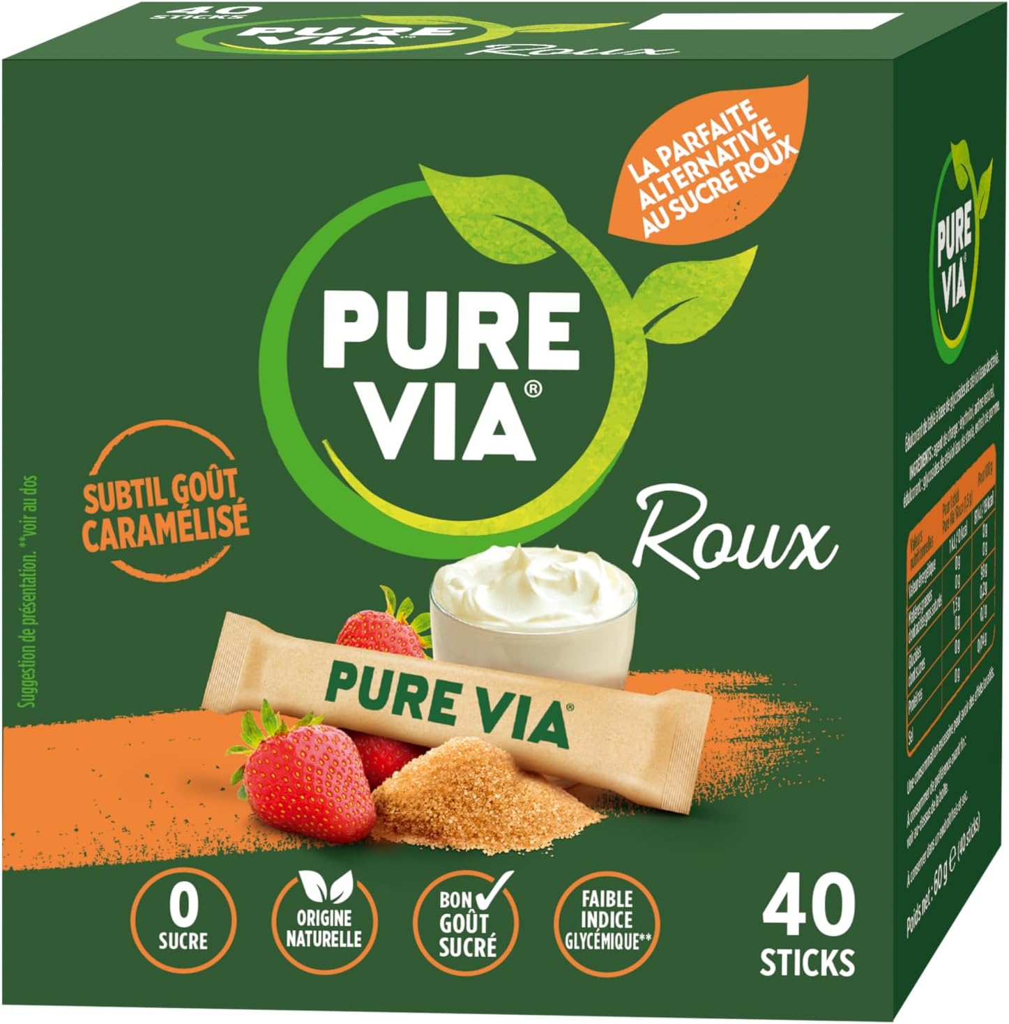 Roux - Sticks - Faible teneur en calorie, Zéro Sucre - 40 sticks - Alternative d'Origine Naturelle au Sucre Roux - 60g 60 g (Lot de 1)