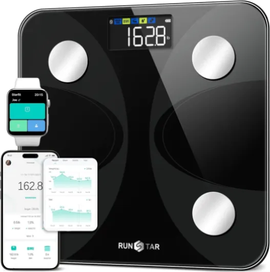 RunSTAR Balance Pese Personne Pour Poids et Masse Grasse, Haute Précision avec Grand Écran, Balance Connectée avec APP 13 Données Corporelles Poids, Max 180kg/ 400lb, Noir