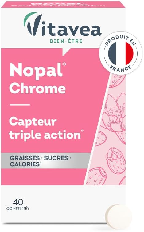 Vitavea - Nopal, Chrome - Complément Alimentaire Capteur de Graisses, Sucres, Calories - Minceur, Perte de Poids, Coupe Faim, Régulation des Sucres - 40 comprimés - 8 Jours - Fabriqué en France Nopal Chrome