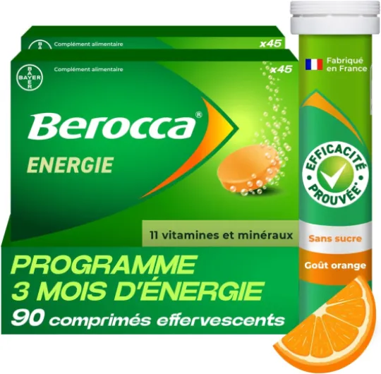 Energie Orange - Multivitamines et Minéraux - Vitamine C, B3, B5, B1, B12, Calcium, Magnésium et Zinc - Complément alimentaire - Aide à réduire la fatigue - 2x45 comprimés effervescents