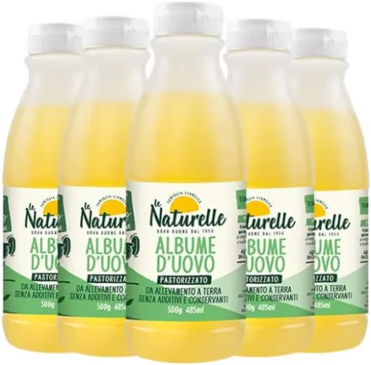 Le Naturelle 6 bouteilles de blanc d'oeuf 500 g (485 ml) - 51 g de protéines par bouteille - De poules élevées à la terre - Il est conservé à température ambiante