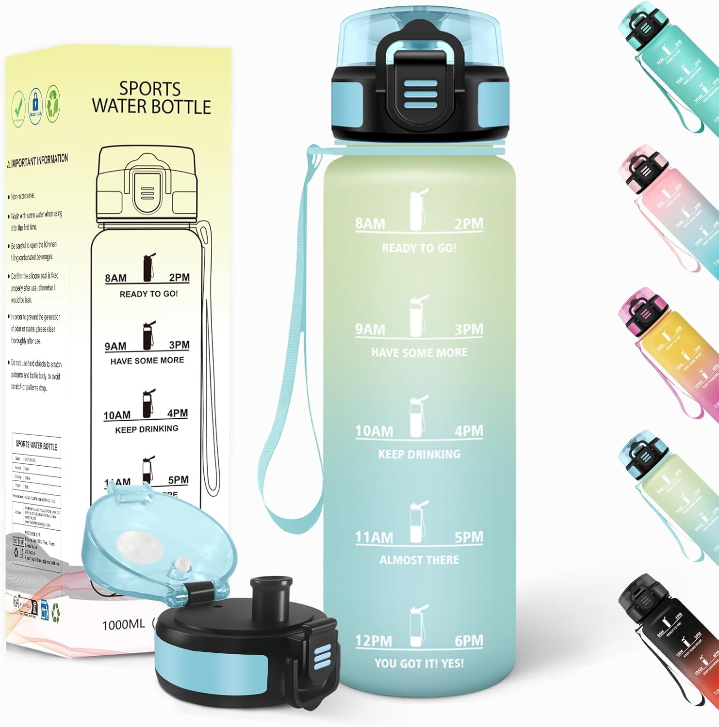 Gourde 1l, Anti-Fuite, Gourde Sport, Réutilisable, Bouteille d'eau, avec Marqueur de Temps, Bouteille, Sans BPA, pour Yoga, Randonnée, Fitness, Sport, Blanc Cassé-Bleu Clair 1000 ml Blanc Cassé-bleu Clair