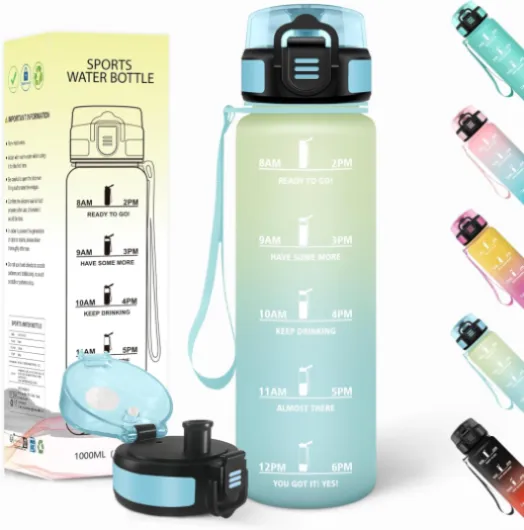 Gourde 1l, Anti-Fuite, Gourde Sport, Réutilisable, Bouteille d'eau, avec Marqueur de Temps, Bouteille, Sans BPA, pour Yoga, Randonnée, Fitness, Sport, Blanc Cassé-Bleu Clair 1000 ml Blanc Cassé-bleu Clair