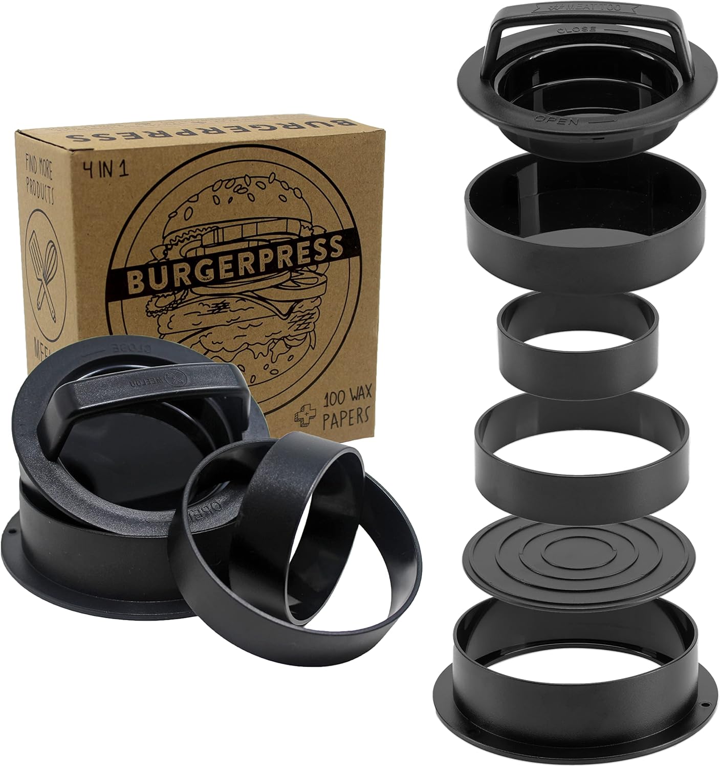 Moule Steak Haché - 4 Formats de Steaks - Presse Steak Haché - Presse Hamburger - Burger Press - Presse Burger - 100 pc Séparateur