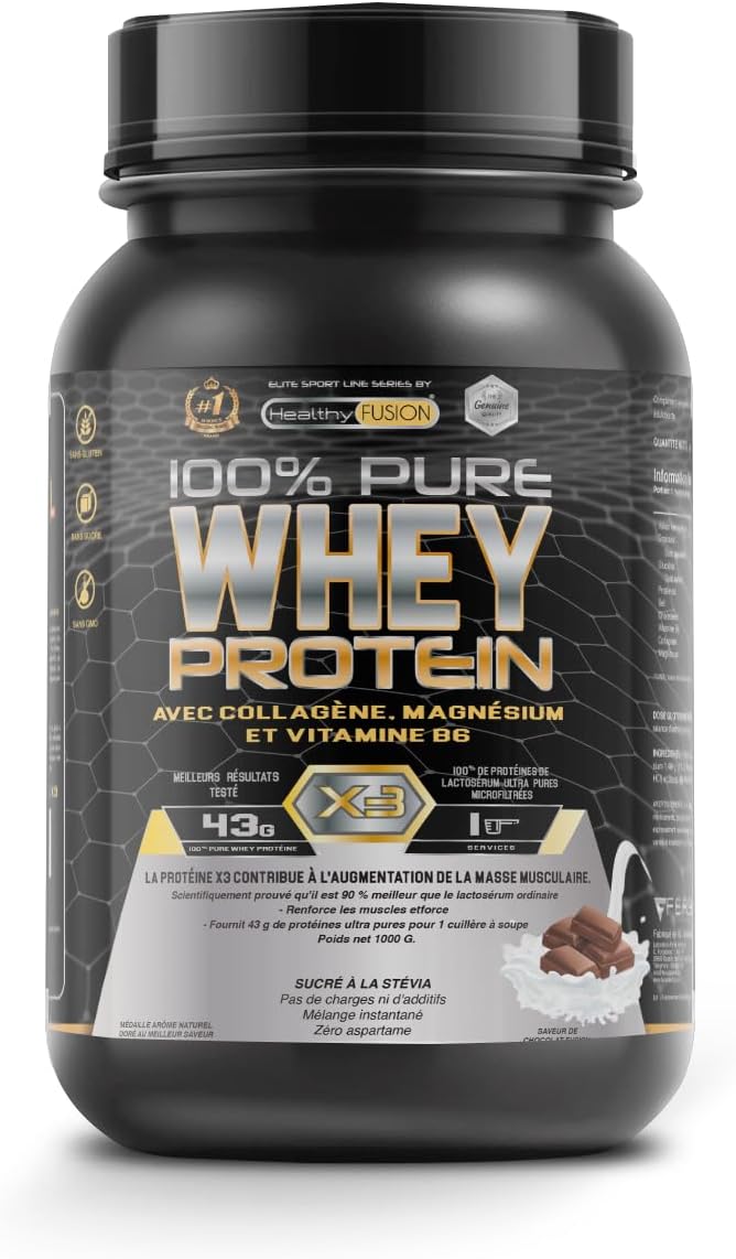 , 100% Whey Protein - Protéine Pure avec Collagène & Magnésium - Tonifie, Augmente la Masse Musculaire & Aide à la Récupération - Saveur Chocolat - 1000g