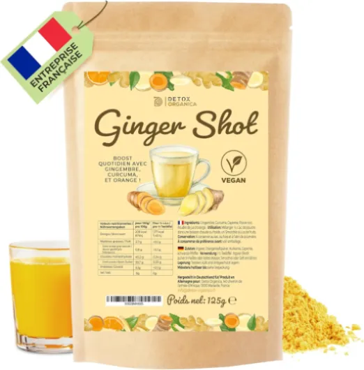 Ginger Shot - Jusqu'à 160 shots de Jus de Gingembre - Booster et Detox - 125g Préparation de Gingembre en poudre et Curcuma pour pour thé, infusion et jus - Mélange en Poudre 125 g (Lot de 1)